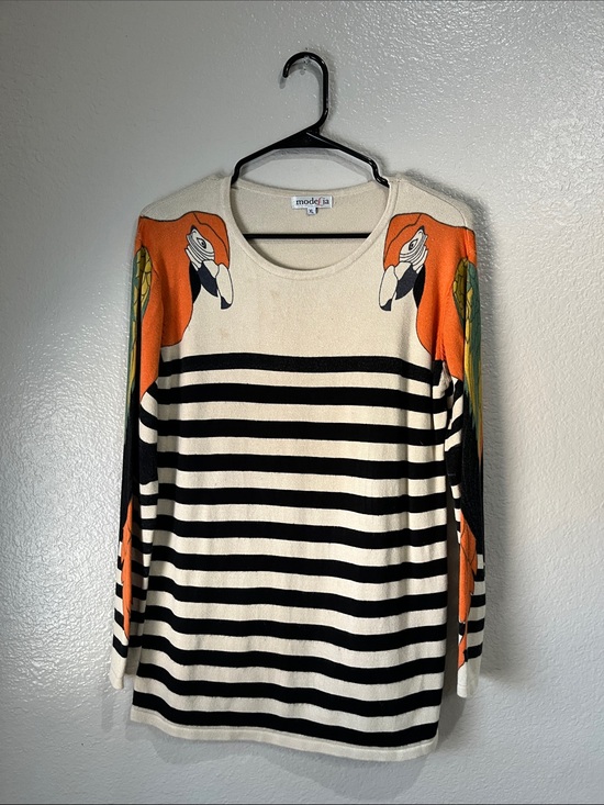 ModeLia Sweaters - ModeLia Cream Black Stripes Orange parrot Print Knit Sweater Sz XL Chic
